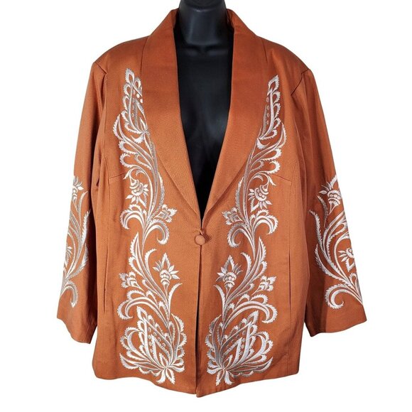 Bob Mackie Wearable Art Embroidered Orange Jacket Womens 1X Blazer Jacket - Picture 1 of 12